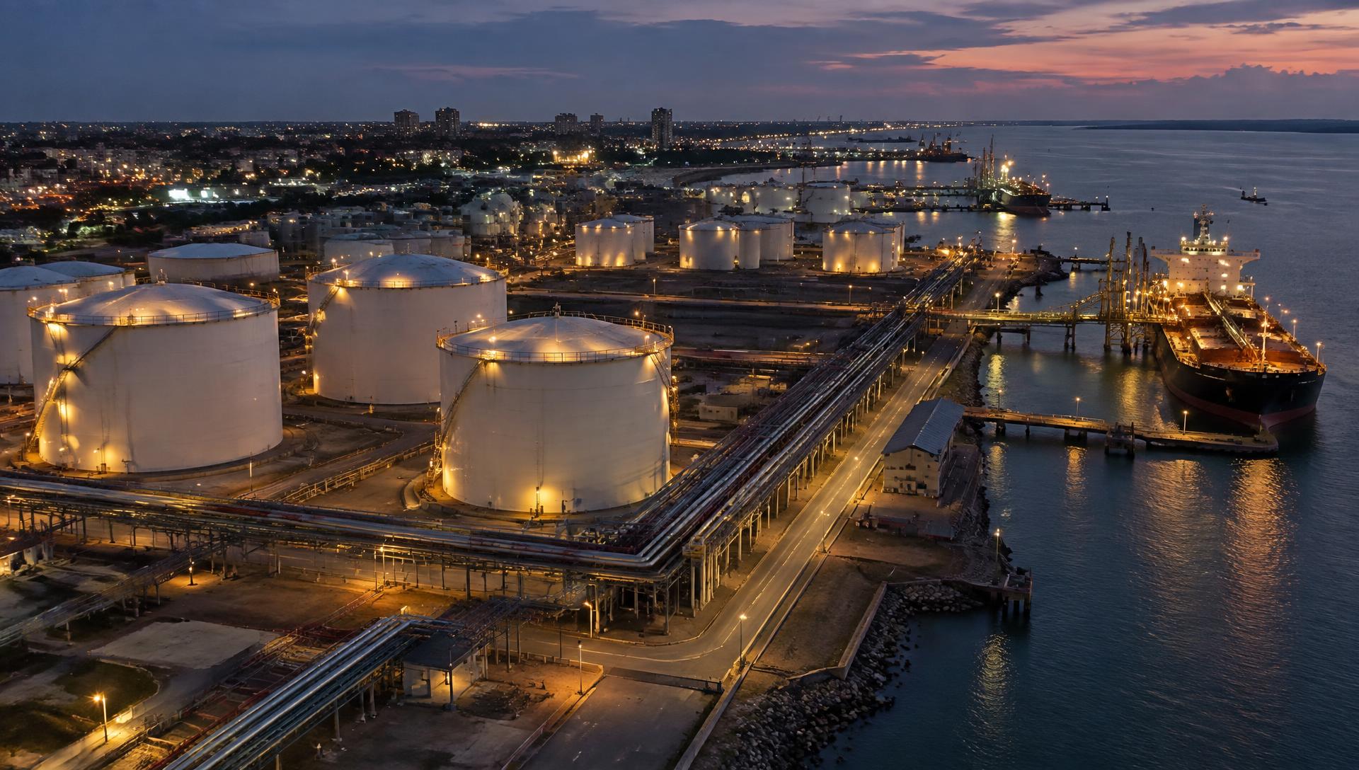 Petroleum storage terminal and port infrastructure at dusk